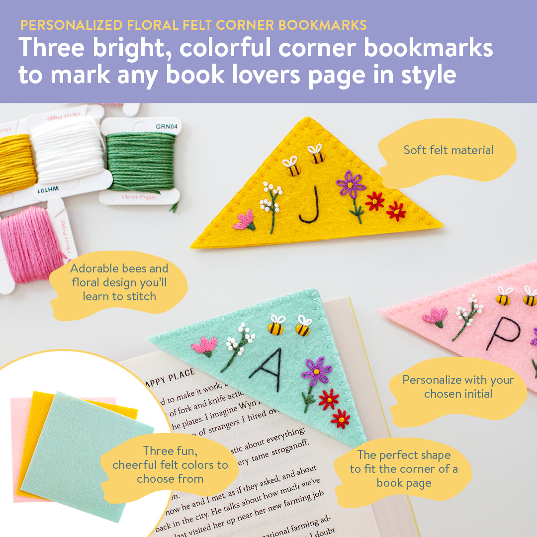 Personalized Floral Felt Corner Bookmarks Beginner Kit