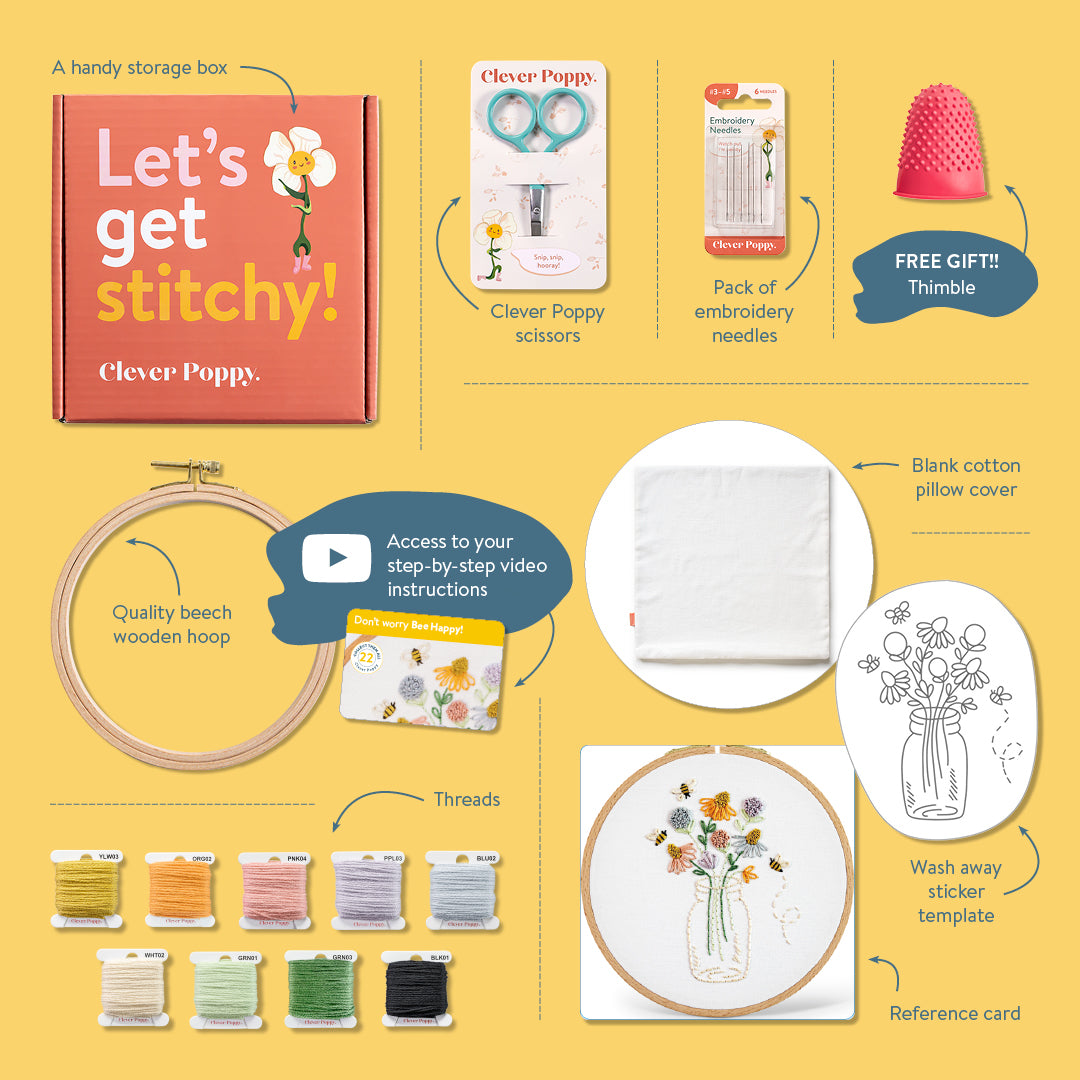 Bee Happy Throw Pillow Cover Beginner Kit